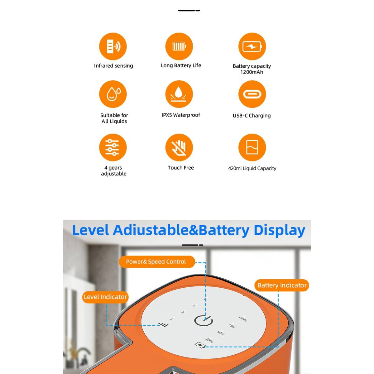 M20 berührungsloser Schaumspender mit LED-Anzeige, Infrarotsensor 0,3s Reaktion, USB wiederaufladbar Orange