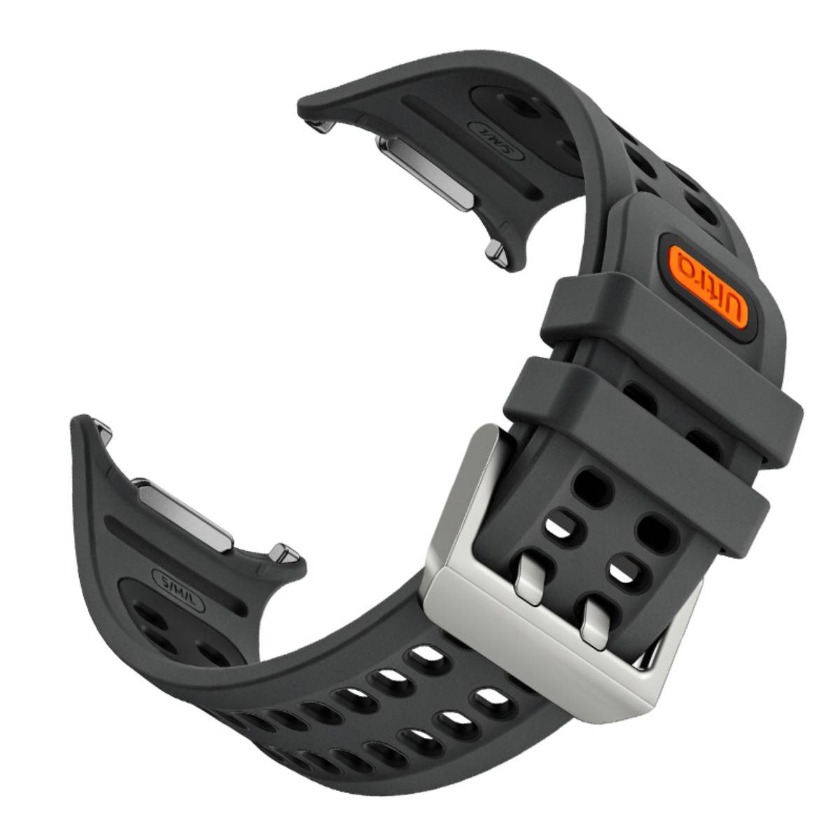 Schwarzes und graues Silikon-Smartwatch-Armband mit silberner Schnalle und orangefarbenem 