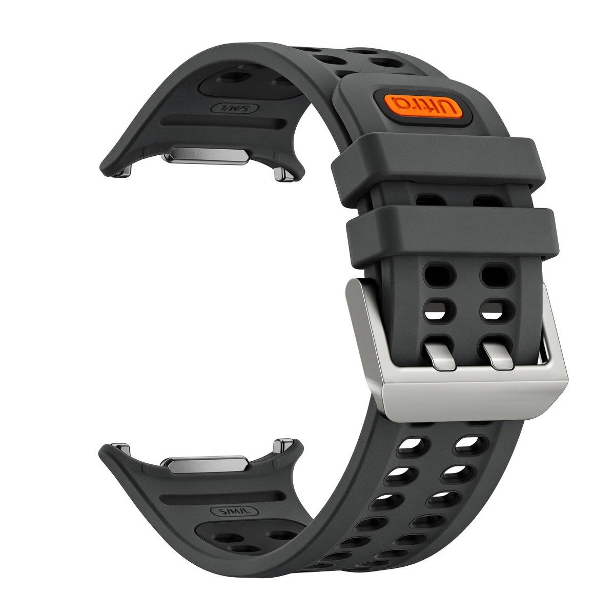 Schwarzes Sportuhrenarmband mit perforiertem Riemen, Metallschließe und orangefarbenem "UTICO""-Logo auf weißem Hintergrund.