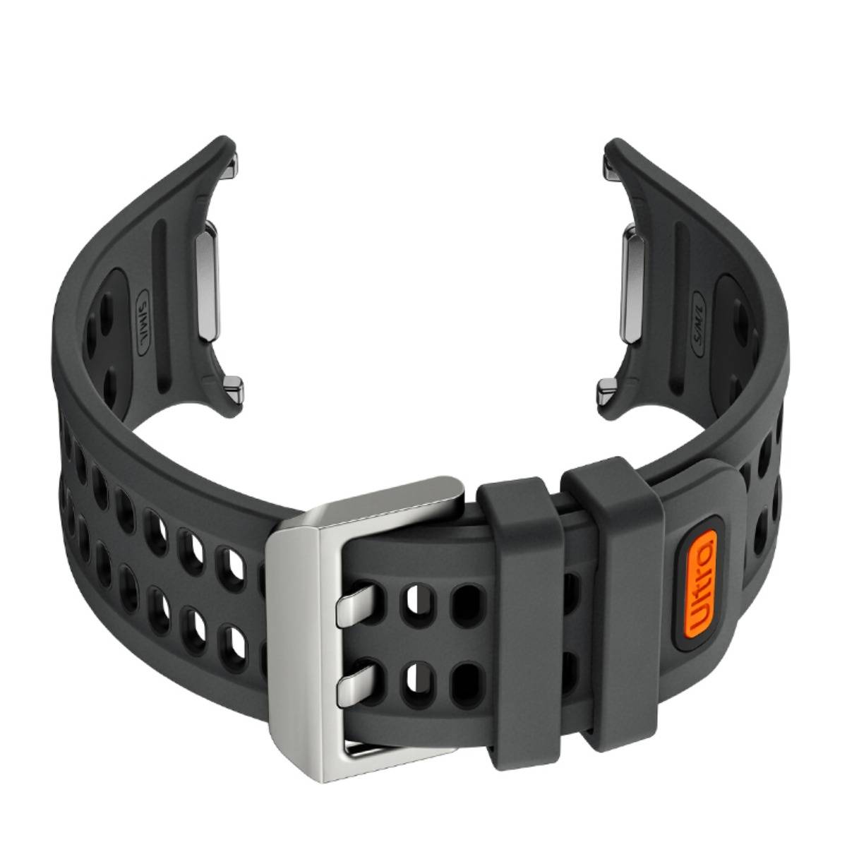 Schwarze gelochte Smartwatch-Armband mit silbernem Verschluss und orangem „URVO"-Akzent, isoliert auf weißem Hintergrund dargestellt.