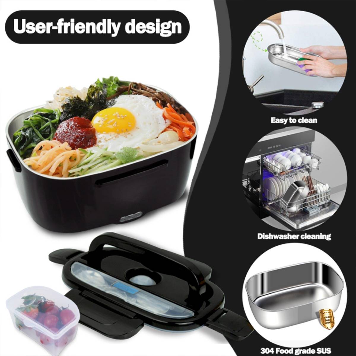Elektrische Lunchbox mit Oxford-Stofftasche und Gabellöffel aus Edelstahl Grey