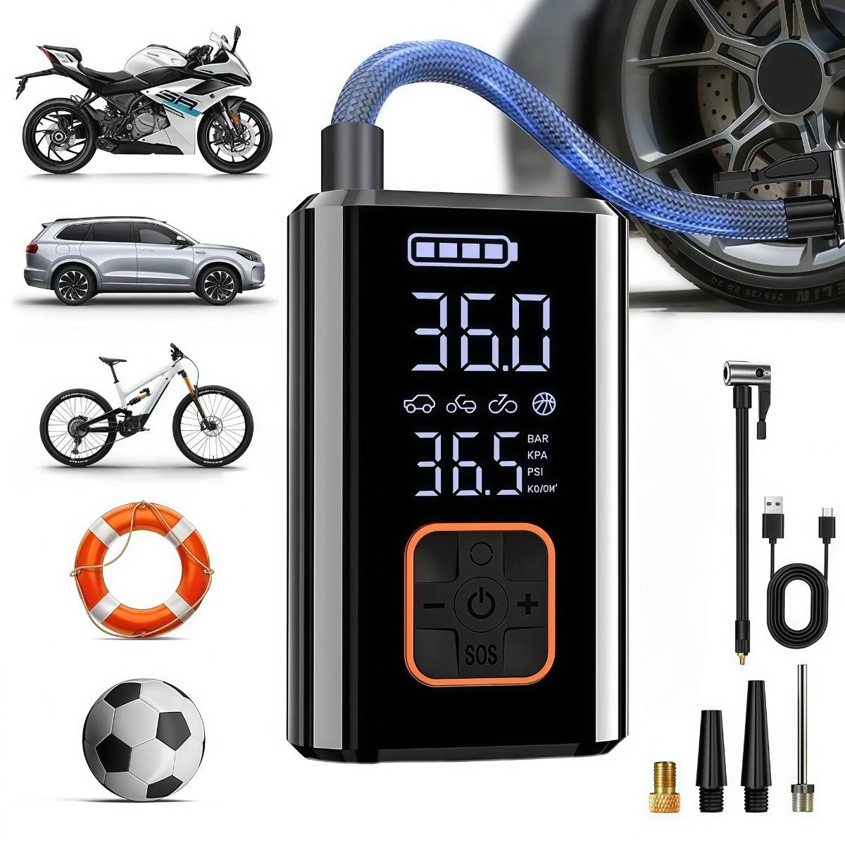Kabelloser Reifenkompressor – 80w tragbarer Luftkompressor, 150psi, LED-Licht, wiederaufladbare 3x2000mAh Batterie