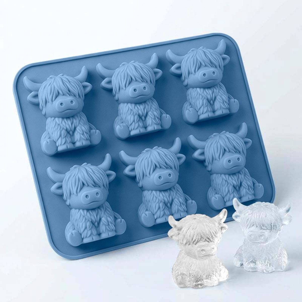 2er-Pack Highland-Kuh Silikon-Eiswürfelformen — 6-fach 3D-Kuh-Form, mehrfarbiges wiederverwendbares Tablett mit EU-Designpatent Blue