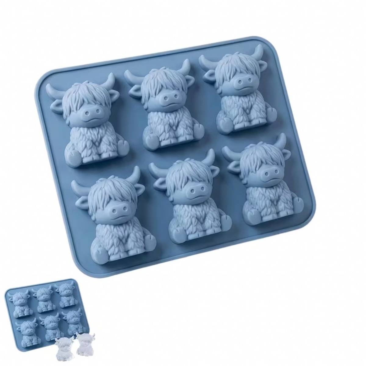 2er-Pack Highland-Kuh Silikon-Eiswürfelformen — 6-fach 3D-Kuh-Form, mehrfarbiges wiederverwendbares Tablett mit EU-Designpatent Blue
