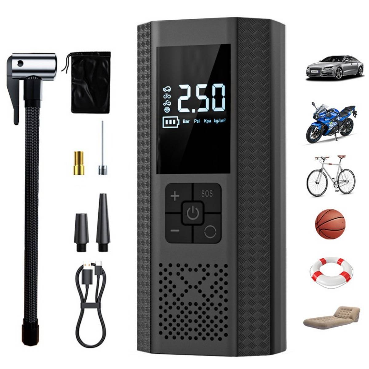 Kabelloser Reifenfüller VC029B – Wiederaufladbarer Luftkompressor 2000mAh mit Digitalanzeige und eingebauter LED, tragbarer Auto-Kompressor