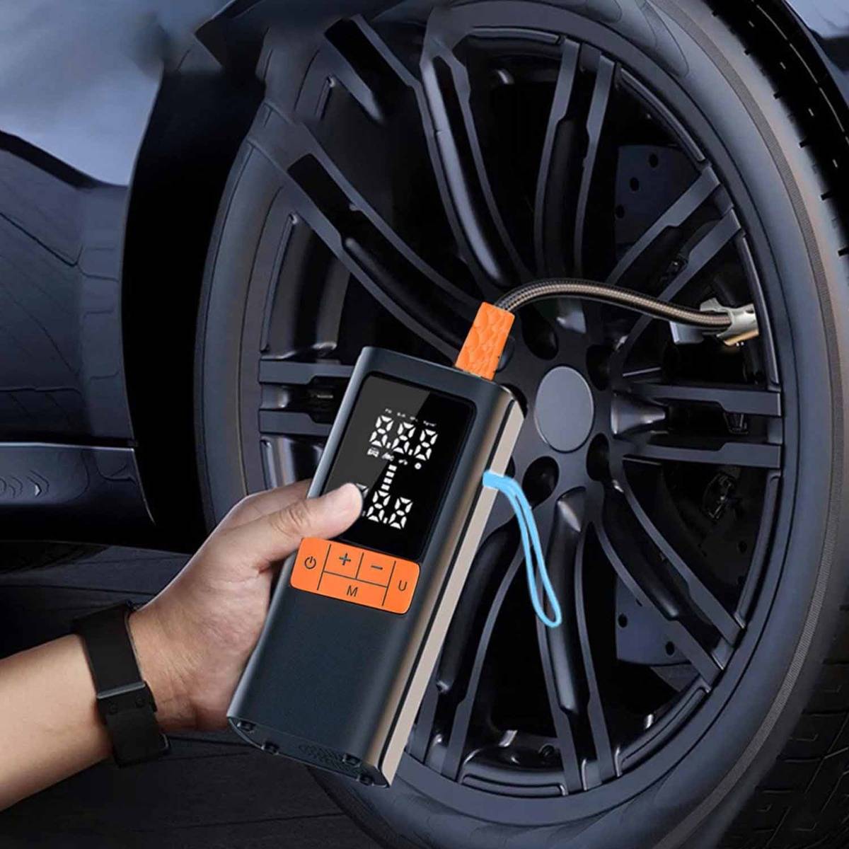 Kabelloser Reifenkompressor mit 6000mAh Powerbank, digitales Display, LED-Notlicht, Auto-Abschaltung, 150PSI, 12V DC