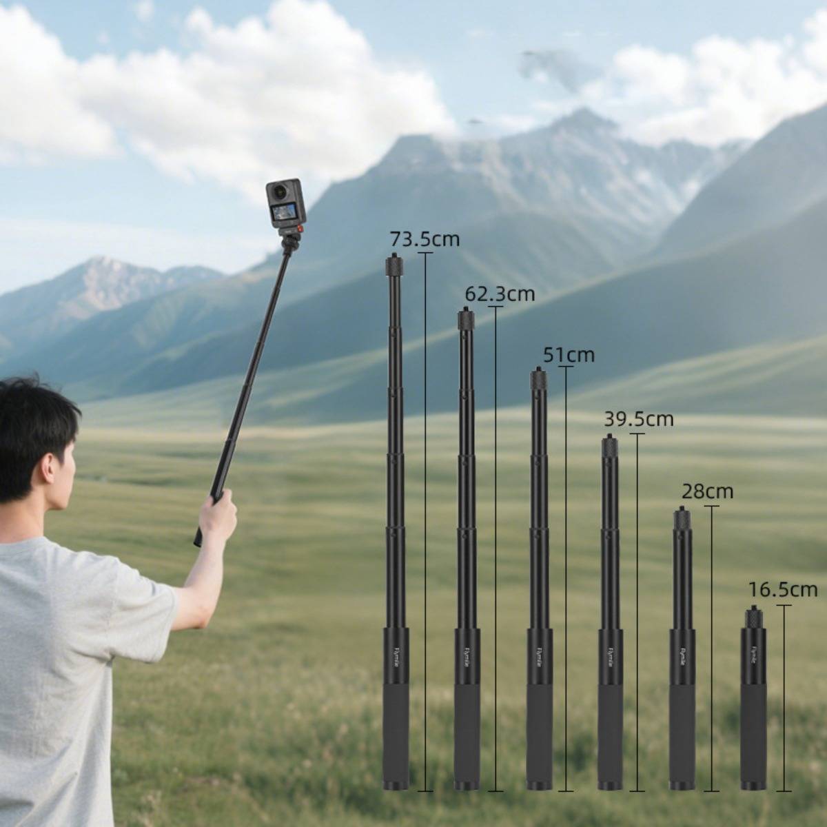 Unsichtbarer, ausziehbarer Selfie-Stick – 70cm Aluminium-Teleskopstange, stoßdämpfend, kompatibel mit Insta360 Go Ultra, X5, Pocket3