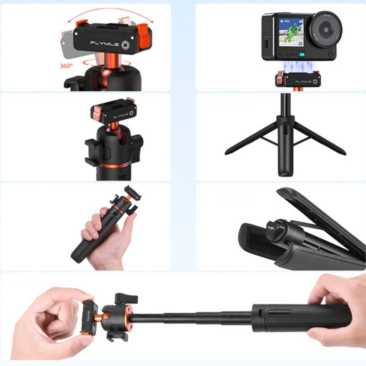 Ausziehbare Selfie-Stange mit magnetischer Schnellspannbefestigung, Cold-Shoe-Erweiterung und tragbarem Mini-Stativ, kompatibel mit DJI Osmo Action