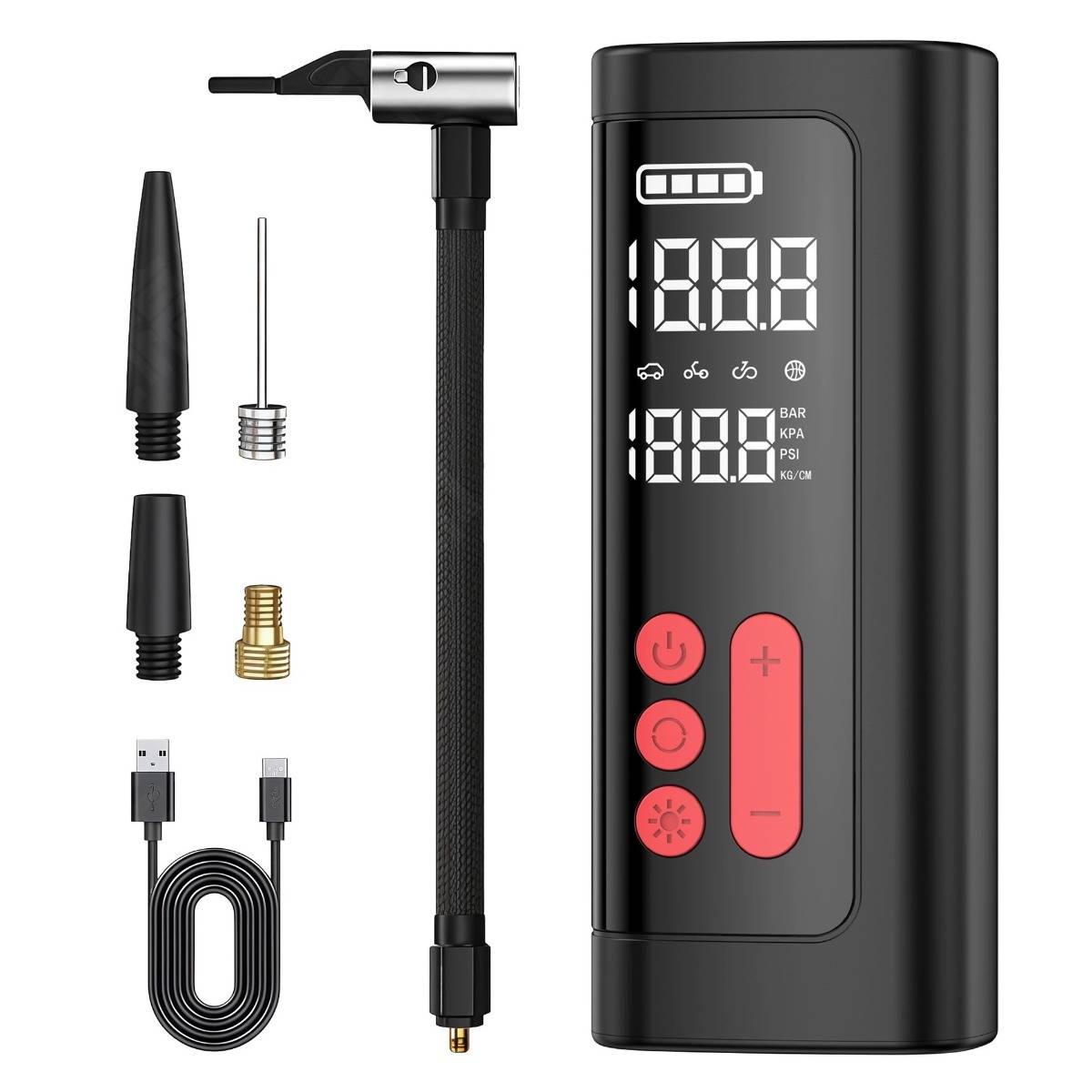 Kabelloser digitaler Reifenfüller – Tragbarer 2000mAh Akku, USB-C, LED-Licht, 5-20min Laufzeit, kompaktes ABS-Design