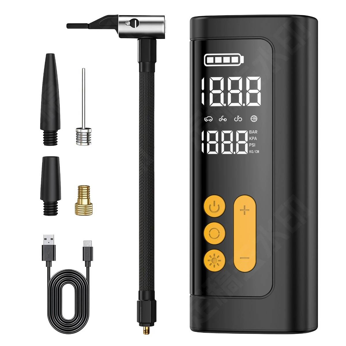 Kabelloser digitaler Reifenfüller — Tragbarer 2000mAh Reifenkompressor mit eingebauter LED, 5-20min Laufzeit