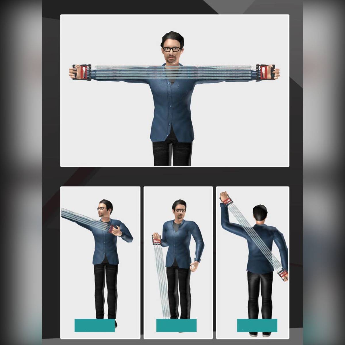 3D-Figur in blauem Hemd mit elastischen Armen, die weit ausgestreckt sind; drei kleinere Ansichten darunter zeigen Seiten- und Rückwinkel in derselben Pose.