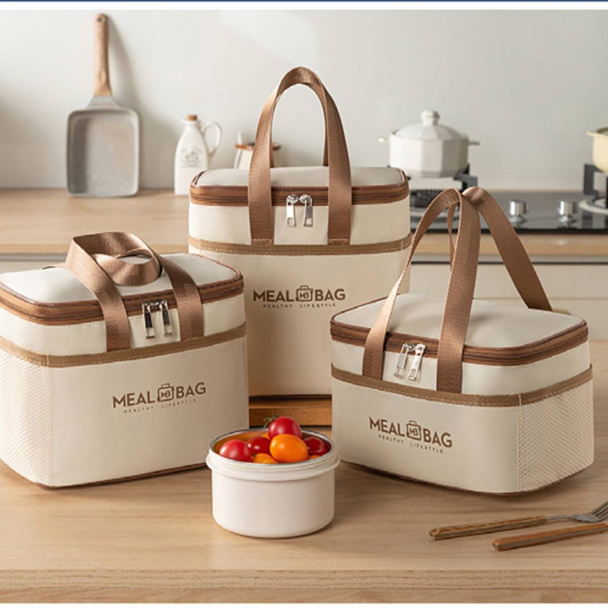 Isolierte Lunchbag – Oxford-Gewebe mit Aluminiumfolie, wasserdichte Thermotasche, 24.5cm x 17cm x 15cm Beige