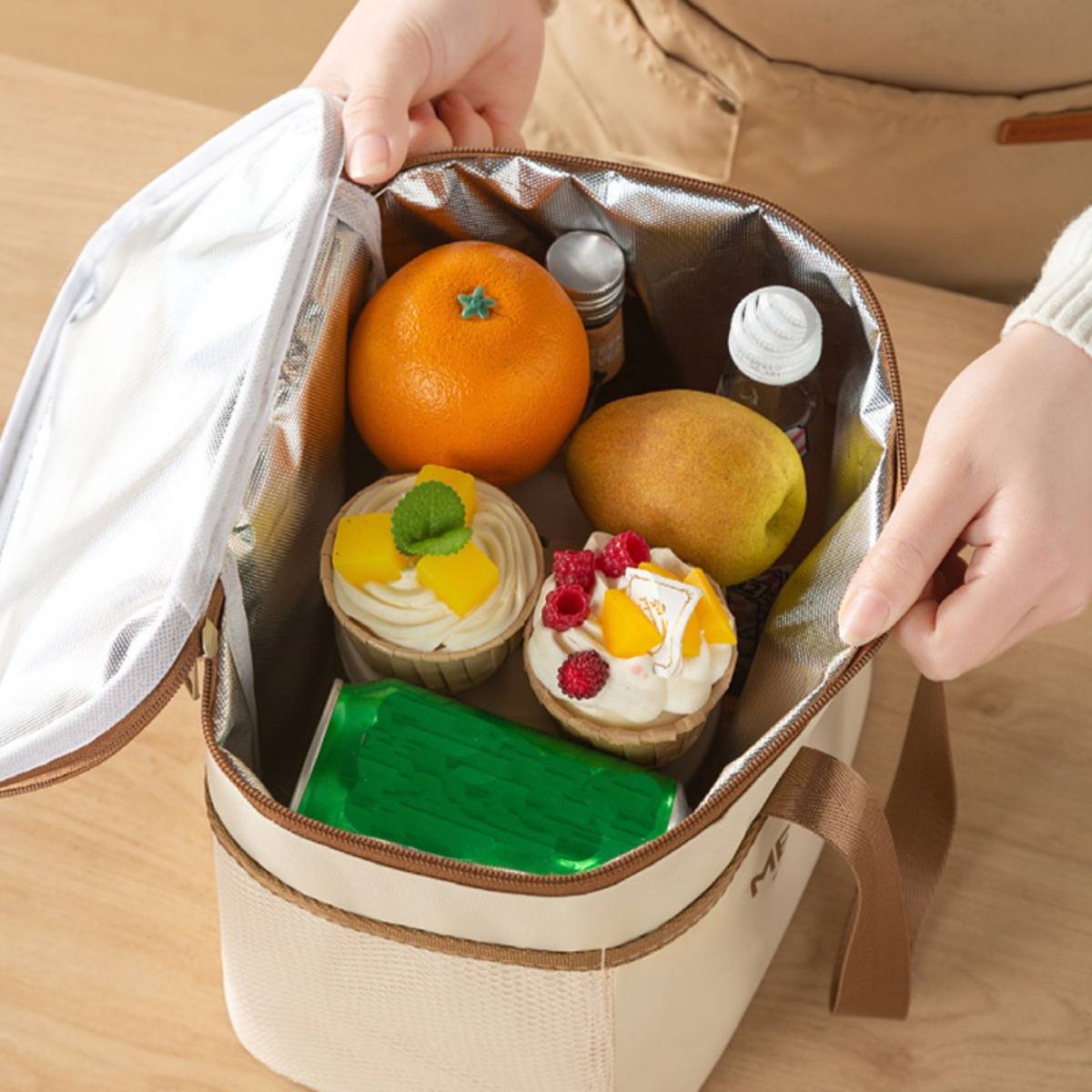Isolierte Lunchbag – Oxford-Gewebe mit Aluminiumfolie, wasserdichte Thermotasche, 24.5cm x 17cm x 15cm Beige