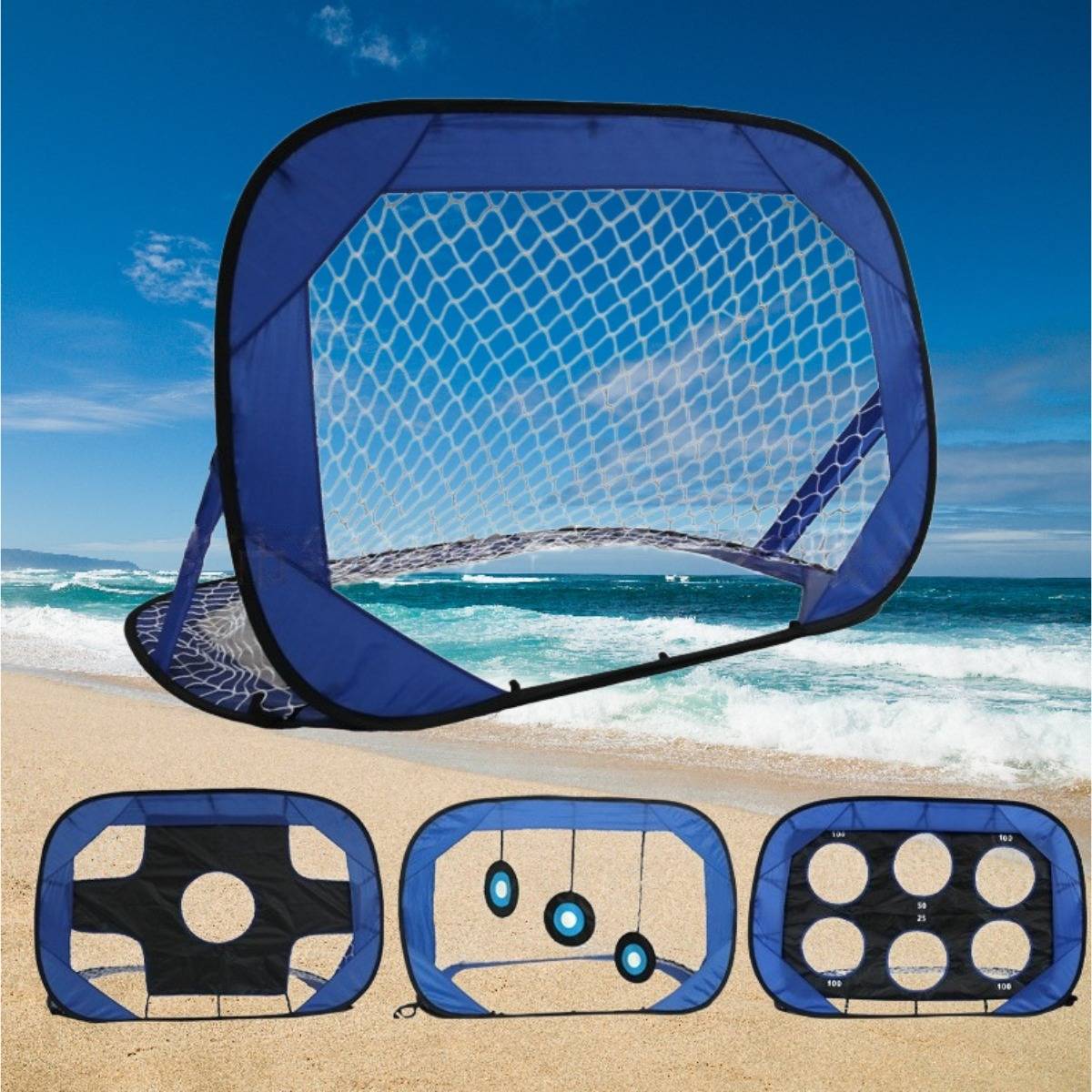 2-in-1 tragbares Pop-up Fußballtor – Faltbares, abnehmbares Doppeltor mit Abprallnetz, Nylon+Oxford-Gewebe & Stahldraht, Blau