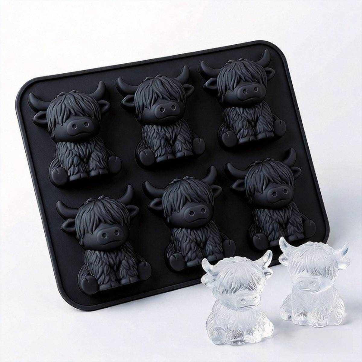 2er-Pack Highland-Kuh Silikon-Eiswürfelformen — 6-fach 3D-Kuh-Form, mehrfarbiges wiederverwendbares Tablett mit EU-Designpatent Black