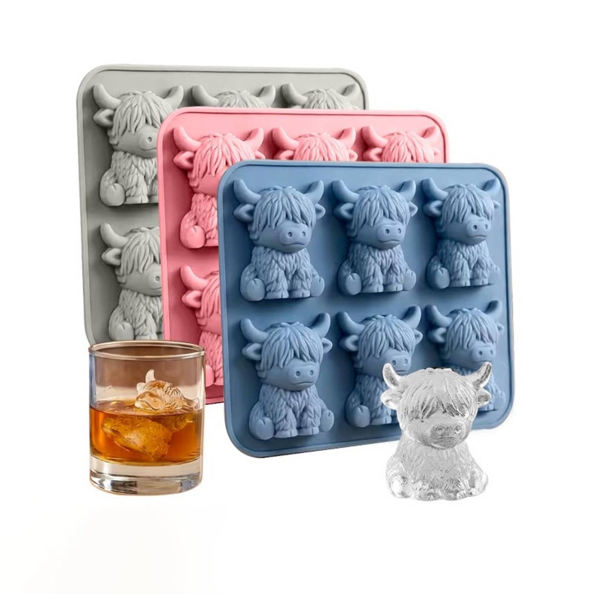 2er-Pack Highland-Kuh Silikon-Eiswürfelformen — 6-fach 3D-Kuh-Form, mehrfarbiges wiederverwendbares Tablett mit EU-Designpatent Black