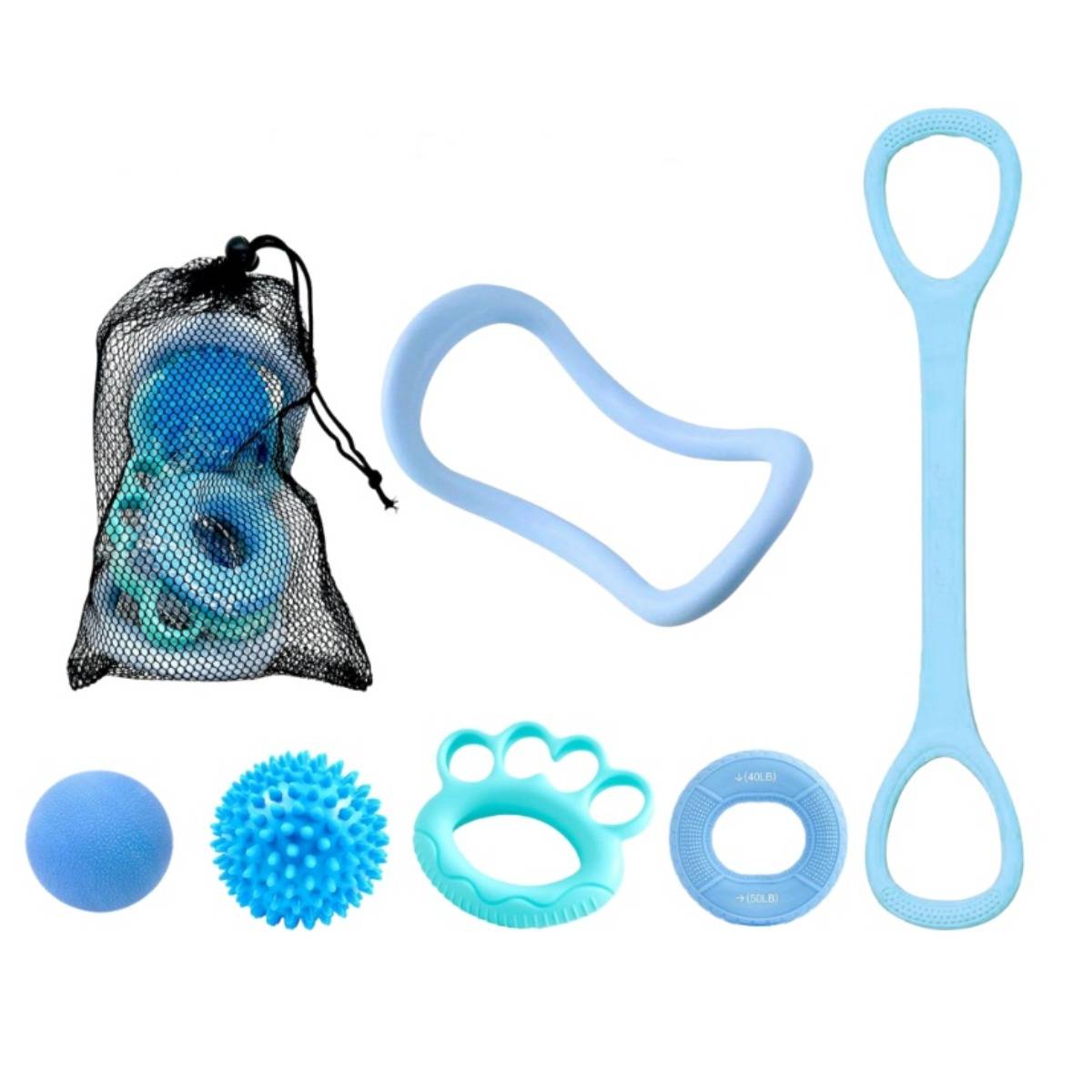 Sechsteiliges Silikon-Handgriff-Set (Netzbeutelverpackung) – Grifftrainer mit Widerstandsringen und Noppenmassageball für Rehabilitation und Yoga