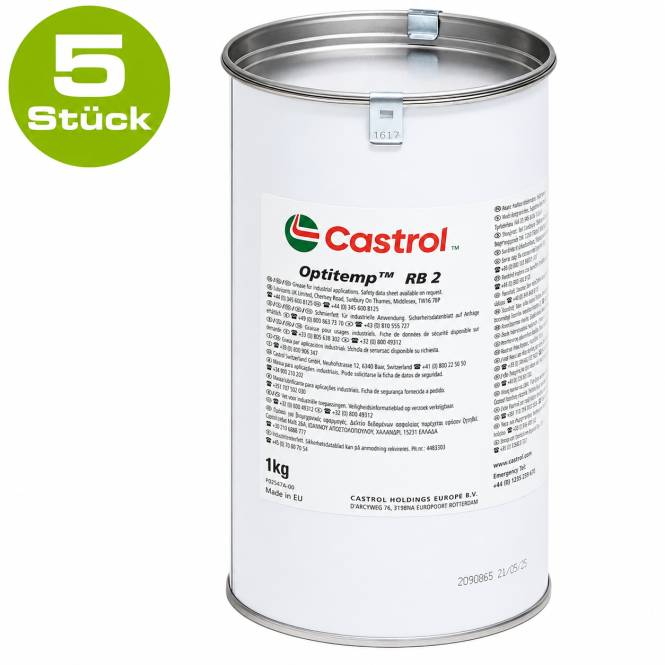 Castrol Optitemp RB 2 1kg Fettdose, markiert mit '5 Stück' was auf eine Packung mit fünf Stück hinweist.