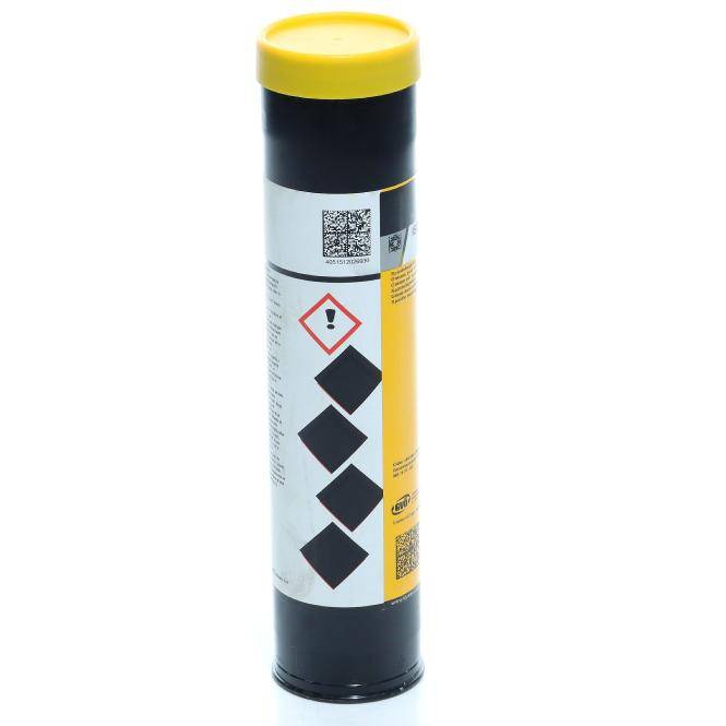 Hohe schwarze zylindrische Kartusche mit gelbem Deckel, mit einem Gefahrenwarnsymbol und Barcode auf einem weiß-gelben Etikett gekennzeichnet.