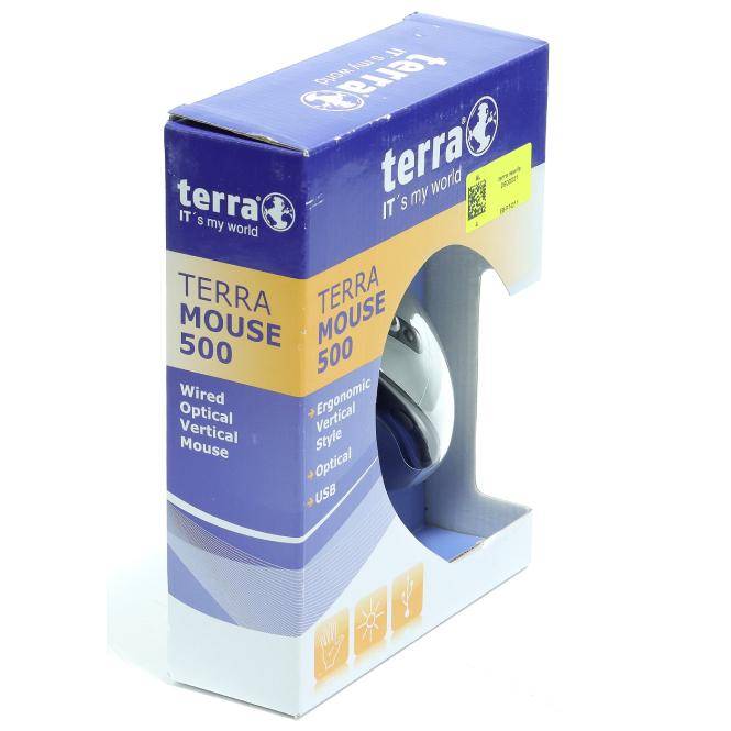 Einzelhandelsverpackung für eine Terra Mouse 500 schnurgebundene optische vertikale Maus, mit der teilweise durch die Vorderseite sichtbaren Maus.