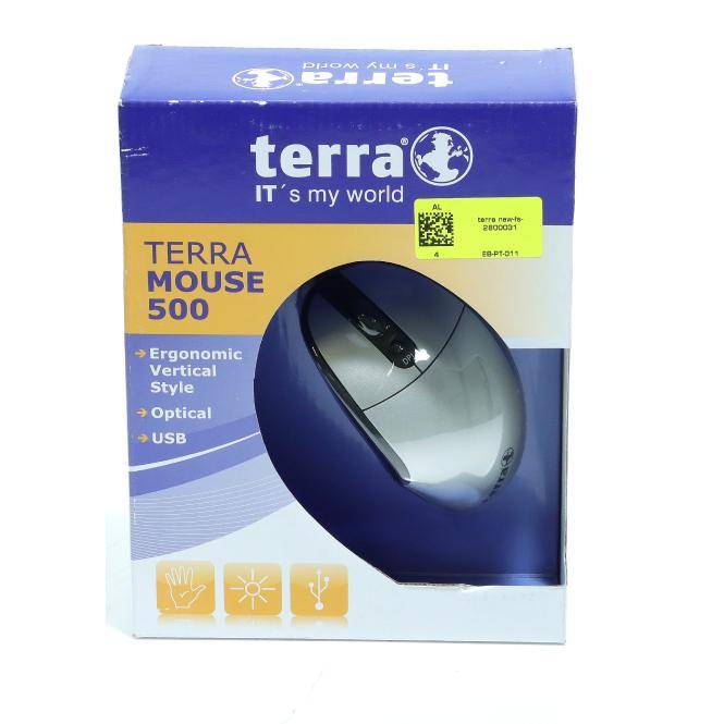 Verpackung der Boxed Terra Mouse 500 Computermaus mit der Bezeichnung "Ergonomisches vertikales Design"", ""Optisch"" und ""USB"", mit einem Foto der Maus auf der Vorderseite.