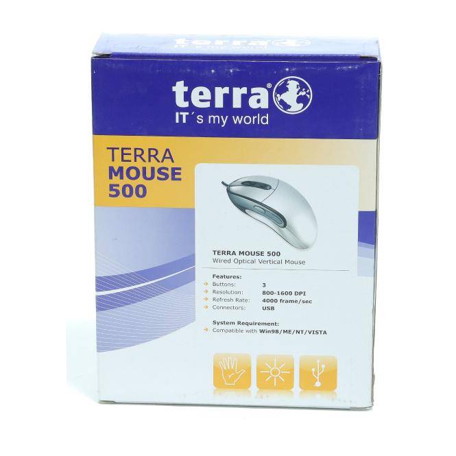 Verpackung für die "Terra"" Maus 500 – kabelgebundene optische vertikale Maus, mit Produktabbildung und Funktionen wie 800-1600 DPI und USB-Verbindung.