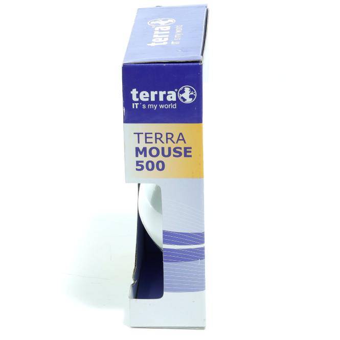 Seitenansicht einer Terra Mouse 500 Computermaus-Einzelhandelsverpackung, die das Logo "terra"" und den Produktnamen auf einem blau-gelben Paket zeigt.