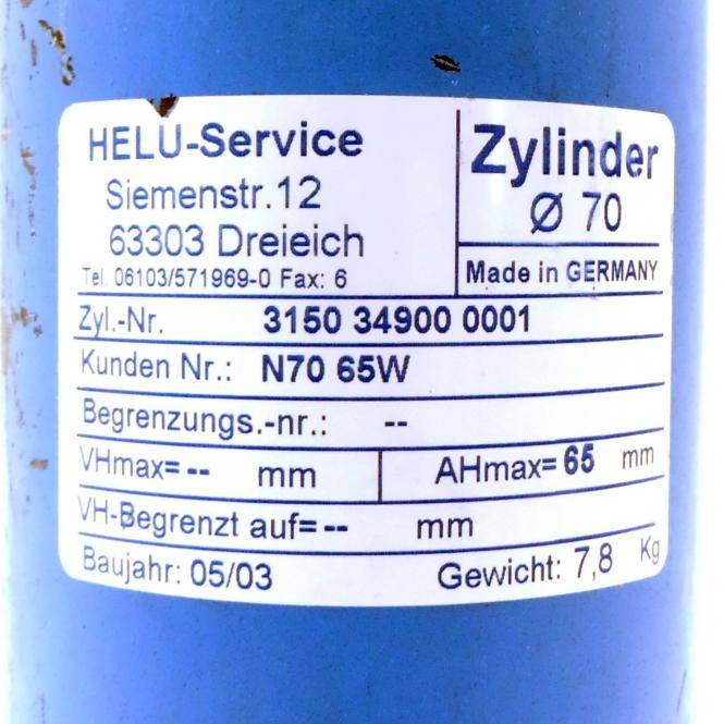 Blauer Zylinder-Aufkleber von HELU-Service mit der Aufschrift „Zylinder Ø 70", Seriennummer 3150 34900 0001, Kundennummer N70 65W, Baujahr 05/03, Gewicht 7,8 kg.