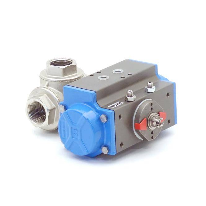 Industrieller Ventilaktuator mit blauem und grauem Gehäuse, neben einem Metallventilkörper auf weißem Hintergrund gezeigt.