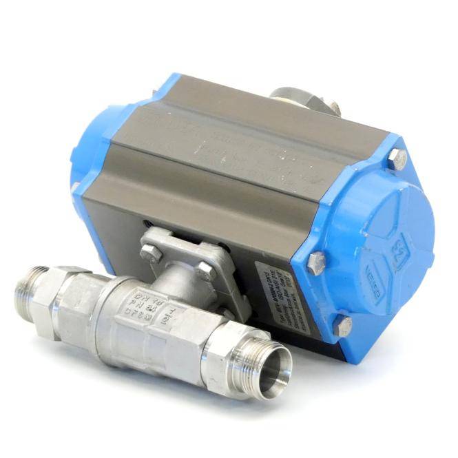 Pneumatischer Industrieventilbetätiger mit blauen Endkappen und einem Ventilgehäuse aus Edelstahl