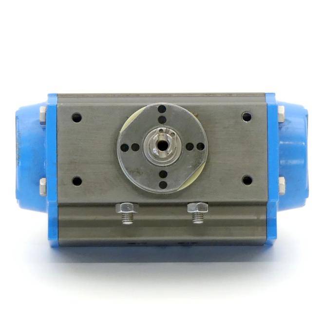 Metallische mechanische Komponente mit einer zentralen kreisförmigen Wellenöffnung, blauen Endkappen und Befestigungslöchern auf einem rechteckigen Körper.