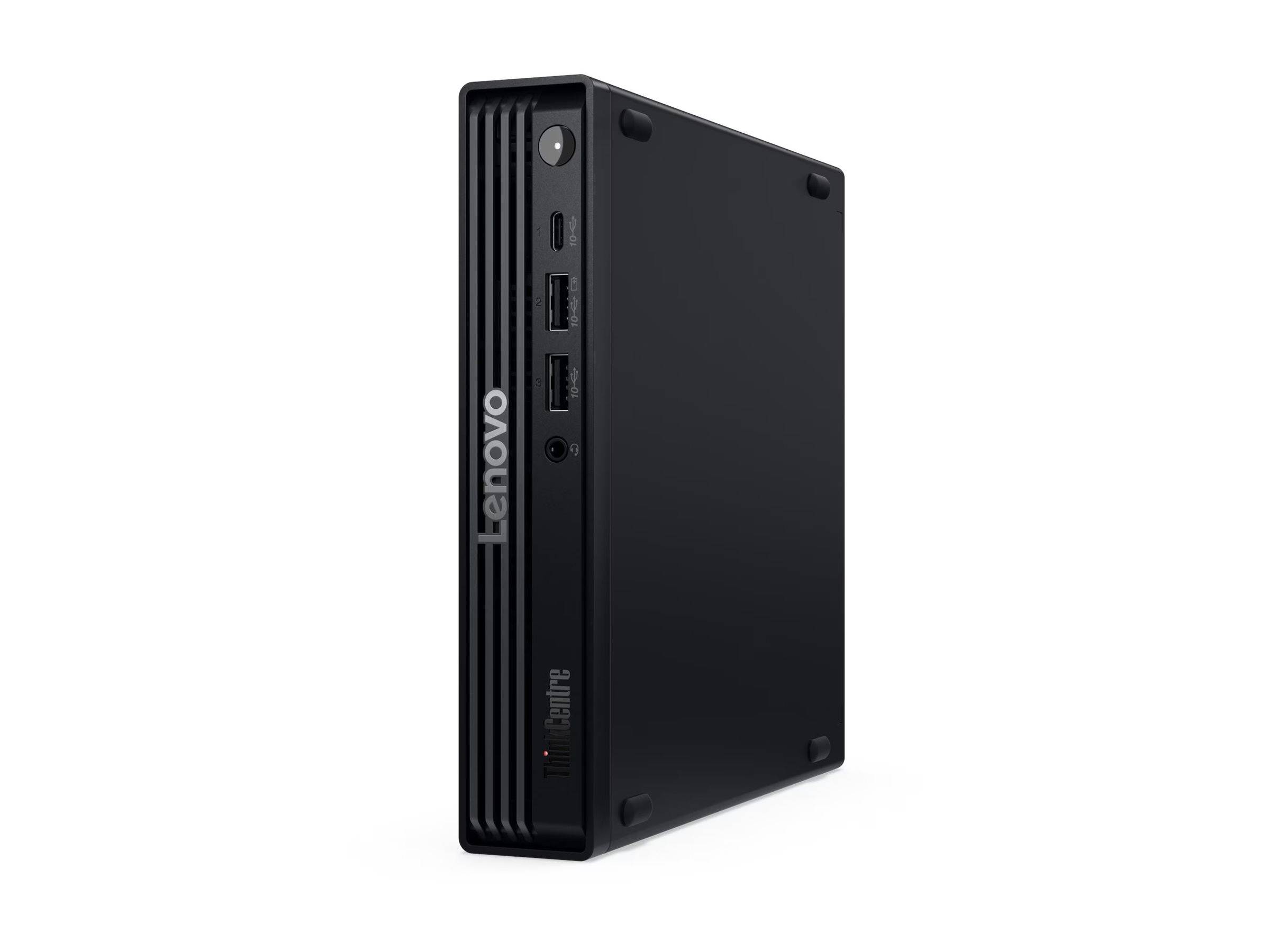 Schwarzer Lenovo ThinkCentre kompakter Desktop-PC-Gehäuse in einer angewinkelten Seitenansicht auf weißem Hintergrund.