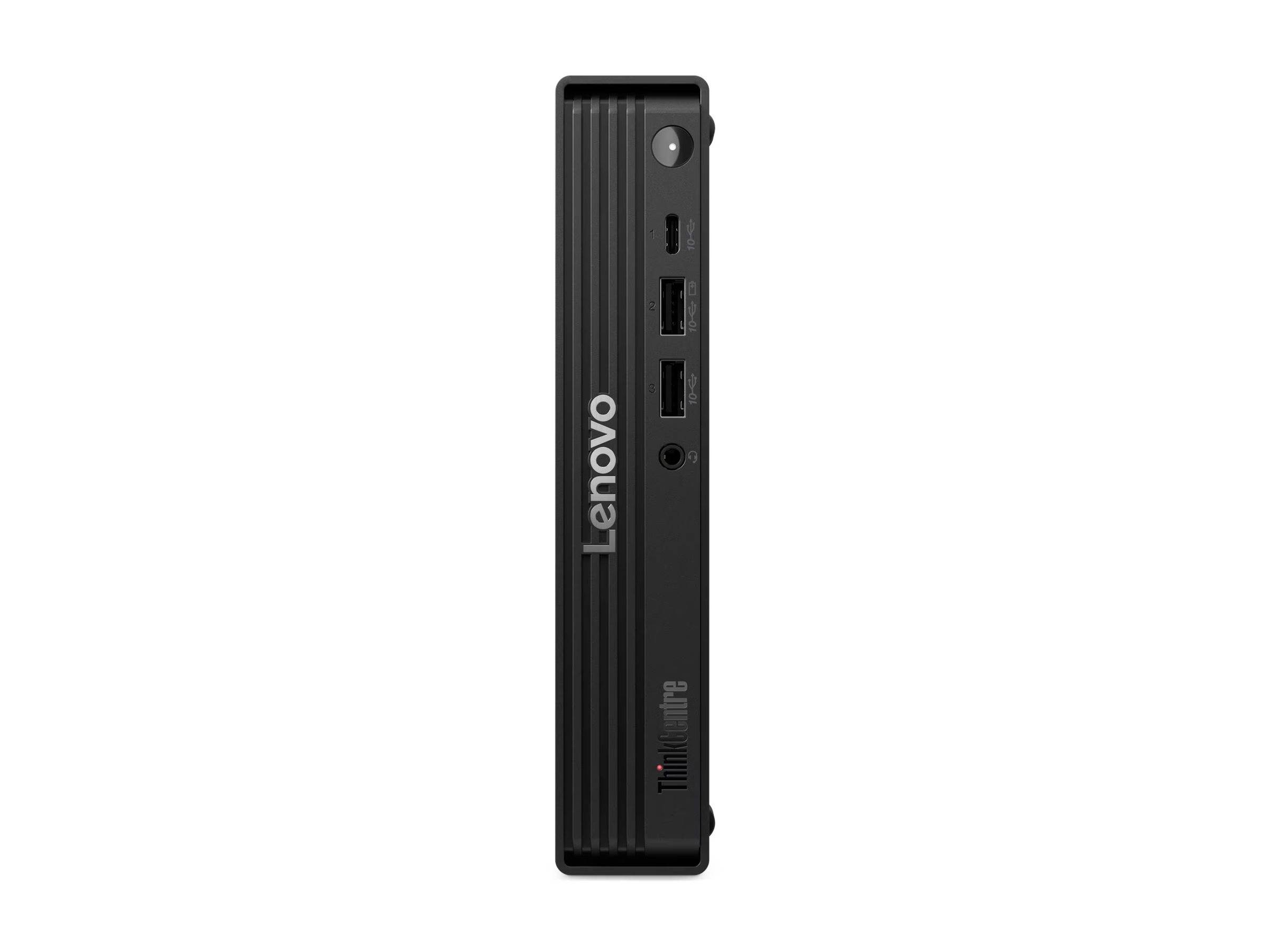 Vertikaler Lenovo Mini-Desktop-Computer-Tower in Seitenansicht, mit sichtbaren vorderen Anschlüssen und Ein-/Aus-Schalter.