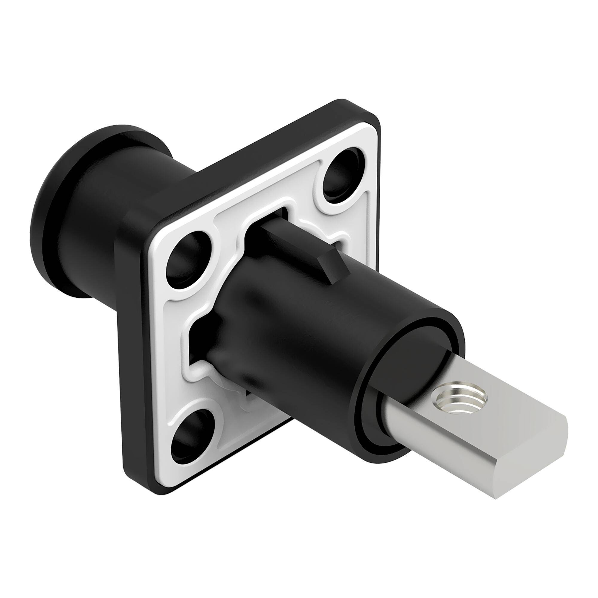 Schwarzer Industrie-Elektrostecker mit quadratischer Montageflansch und hervorstehendem silberner Gewindestiftanschluss auf weißem Hintergrund.