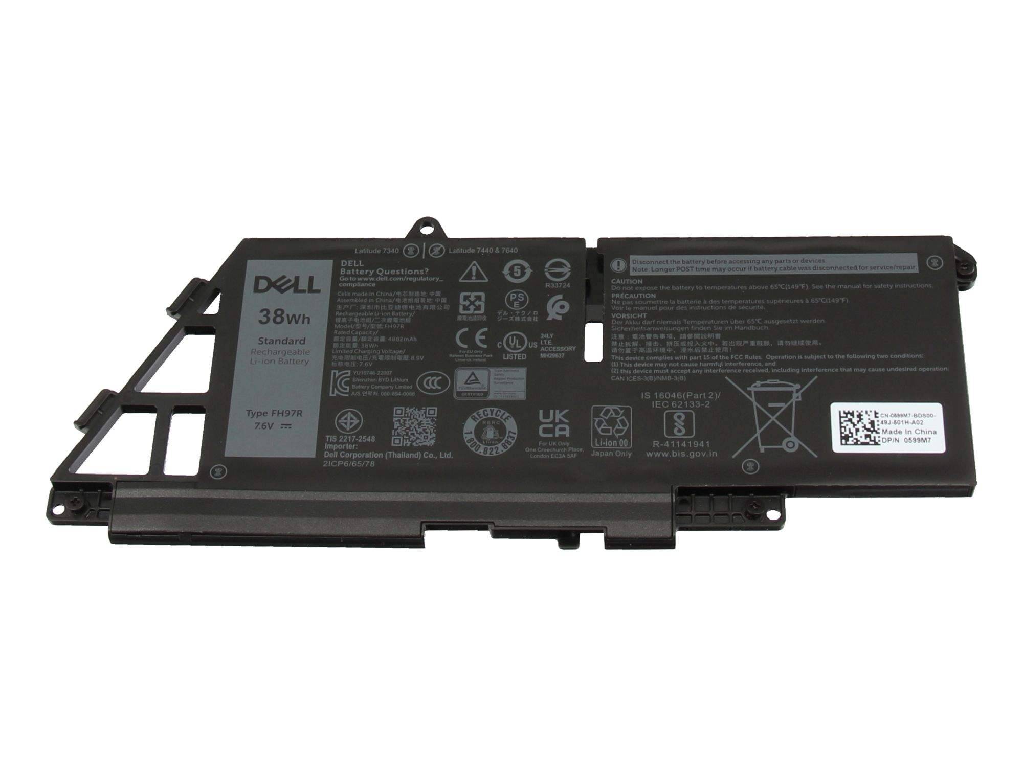 Schwarzer Dell 38Wh Laptop-Akku auf weißem Hintergrund dargestellt, mit sichtbaren gedruckten Modell- und Sicherheitskennzeichnungen.