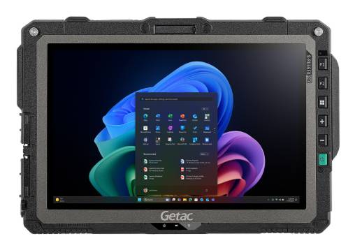 Robustes Getac-Tablet-Computer, das den Windows 11-Desktop und das Startmenü auf seinem Bildschirm anzeigt.