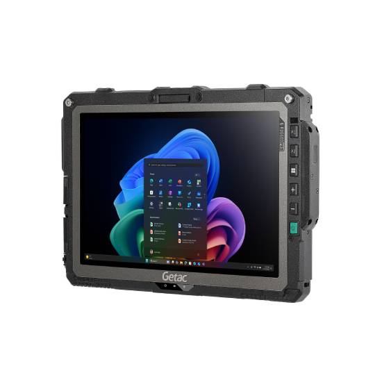 Robustes schwarzes Tablet-Computer mit Windows 11-Startmenü auf dem Bildschirm, mit verstärktem Gehäuse und Seitenschaltflächen.