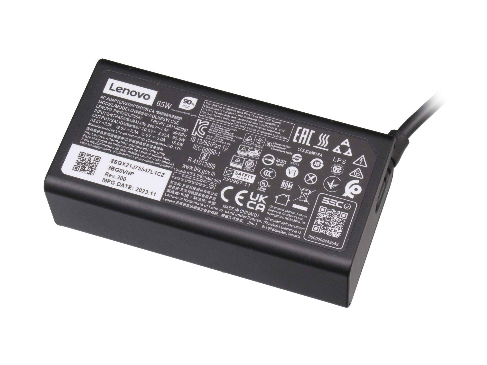 Lenovo 65W Laptop-Netzteil mit angeschlossenem Kabel auf weißem Hintergrund.