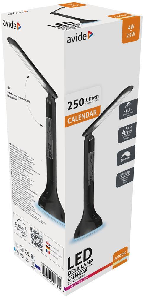 Schachtverpackung für eine Avide LED-Schreibtischleuchte, gekennzeichnet mit „250 Lumen" und „KALENDER"", zeigt eine schwarze verstellbare Leuchte und 4W/25W-Text.