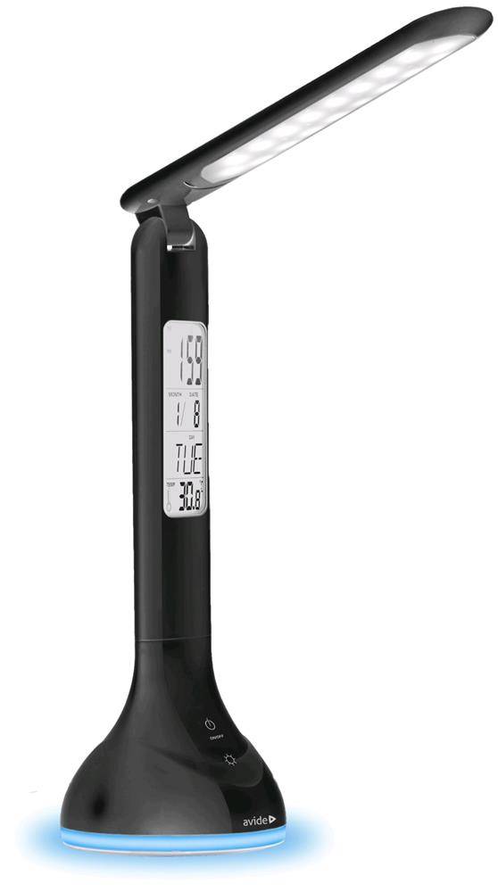 Schwarze LED-Schreibtischlampe mit digitaler Uhranzeige im Sockel und Touchscreen-Bedienfeld am Schaft, auf weißem Hintergrund dargestellt.