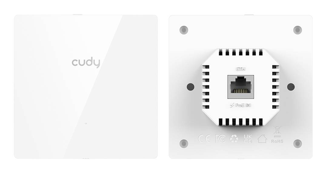 Das White Cudy-Netzwerkgerät von vorne und hinten gezeigt; die Vorderseite zeigt das „Cudy
