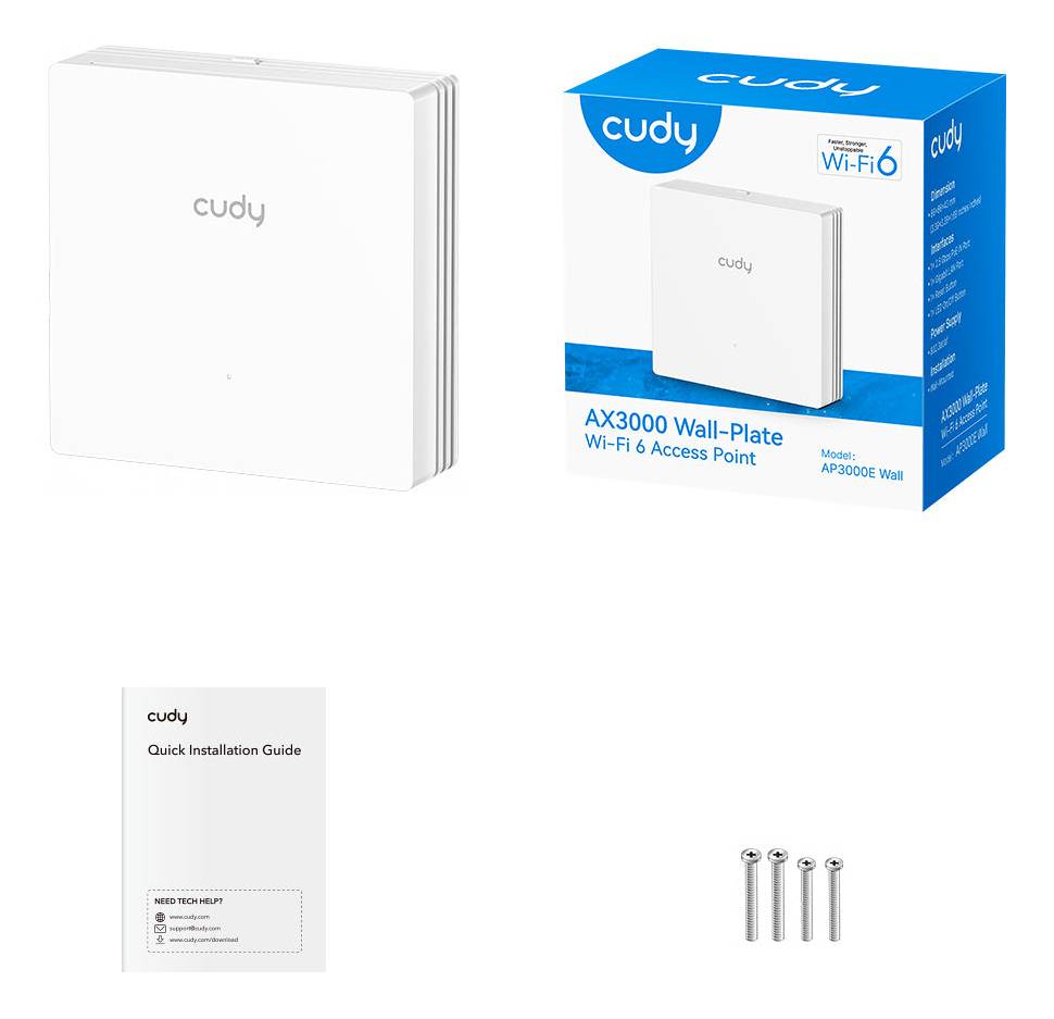 Produktbild eines Cudy AX3000 Wandpaneel-Wi-Fi-6-Zugangspunkts mit Verpackung, Schnellinstallationsanleitung und Befestigungsschrauben.
