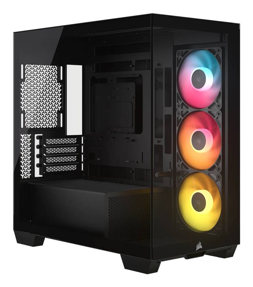Schwarzes Desktop-PC-Gehäuse mit Glasseitenpanel, frontiertem Mesh und drei im Inneren sichtbaren RGB-beleuchteten Lüftern.