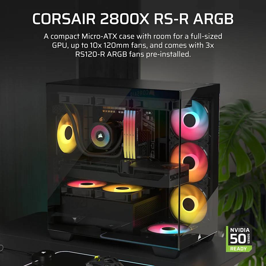 Corsair 2800X RS-R ARGB Micro-ATX PC-Gehäuse mit drei vorinstallierten RGB-Lüftern, gezeigt mit einer Full-Size-GPU und mehreren beleuchteten Lüftern im Inneren.
