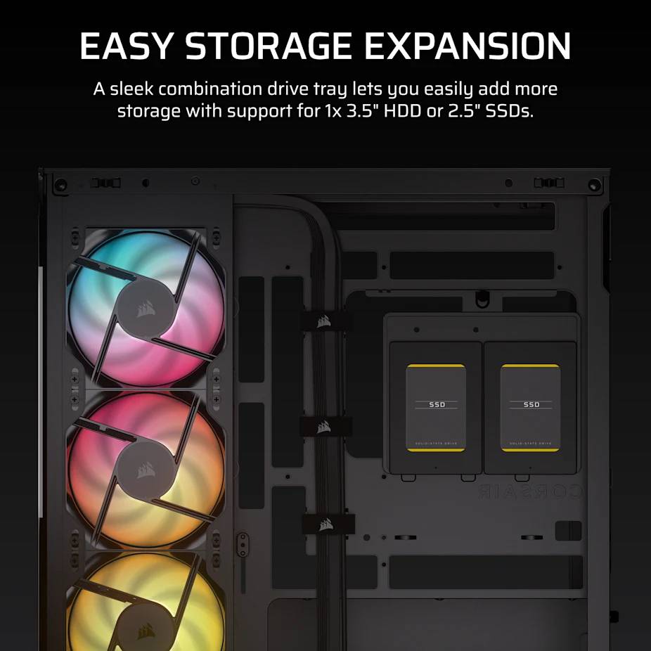 Werbegrafik eines PC-Gehäuse-Inneren, die eine einfache Speichererweiterung mit einem kombinierten Laufwerk-Tablett zeigt, das 1x 3,5-Zoll-Festplatte oder 2,5-Zoll-SSDs unterstützt.