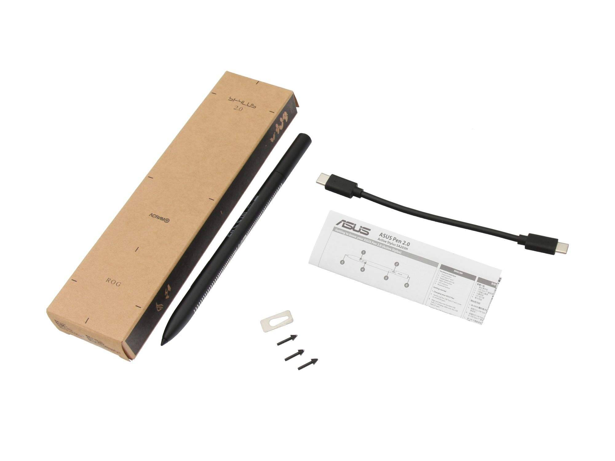 ASUS-Stift-Zubehörset mit Stift, USB-C-Kabel, Adapter, Schrauben und Anleitung in einer Kartonbox auf weißem Hintergrund