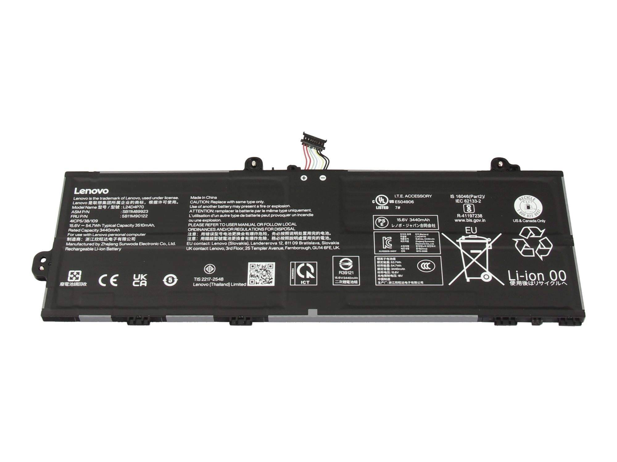 Lenovo-Laptop-Akku auf weißem Hintergrund, gezeigt mit angebrachtem Stecker und Sicherheitskennzeichnungen.