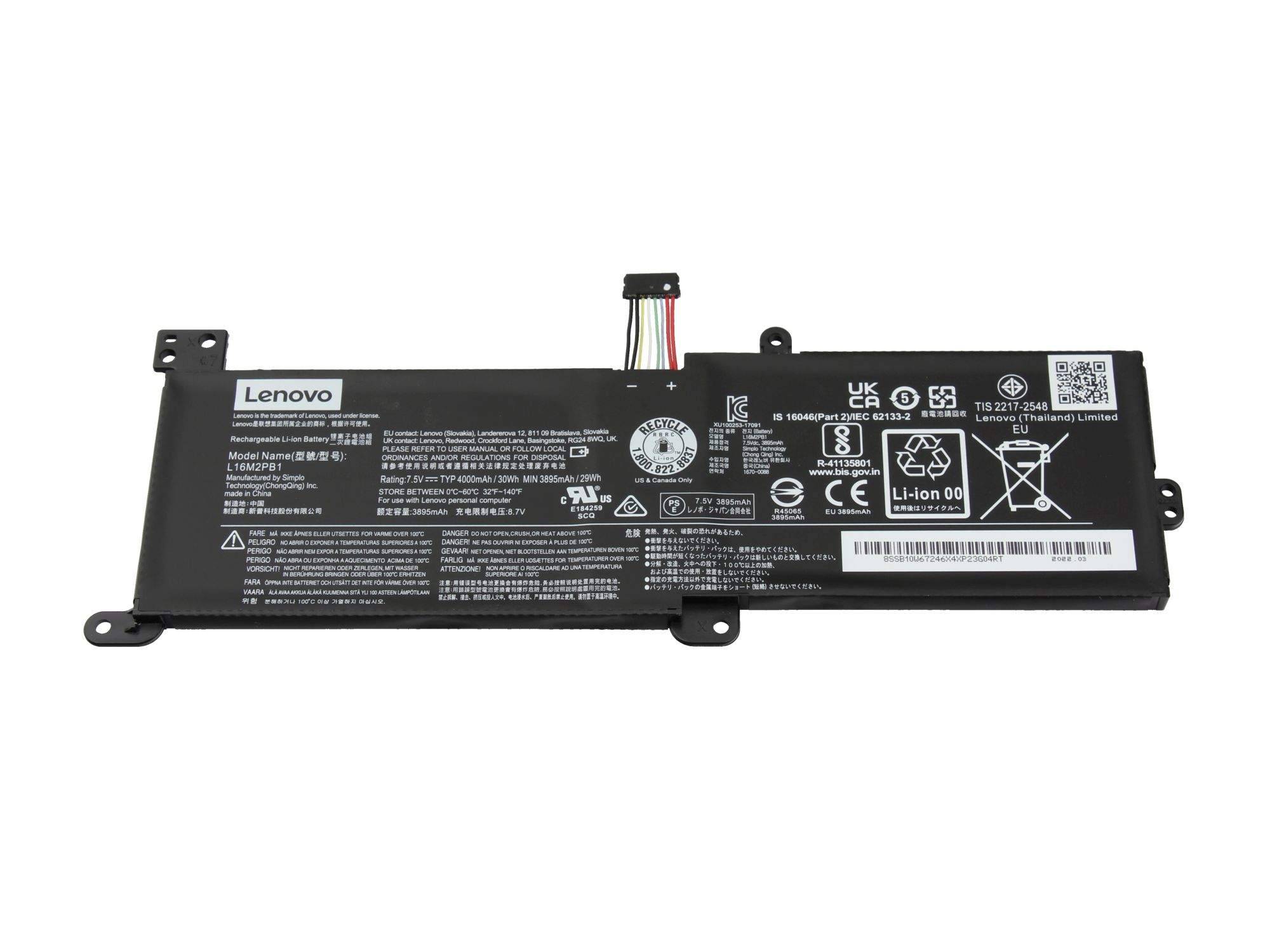 Lenovo-Laptop-Akkupack mit angebrachtem Stecker und gedruckten Sicherheitsetiketten auf weißem Hintergrund.