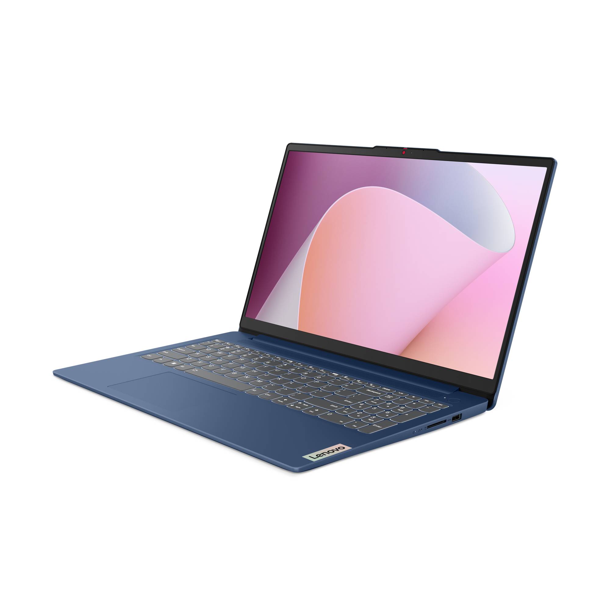 Blauer Laptop-Computer, der in einem Winkel auf weißem Hintergrund aufgeklappt ist und einen rosa abstrakten Bildschirm zeigt.