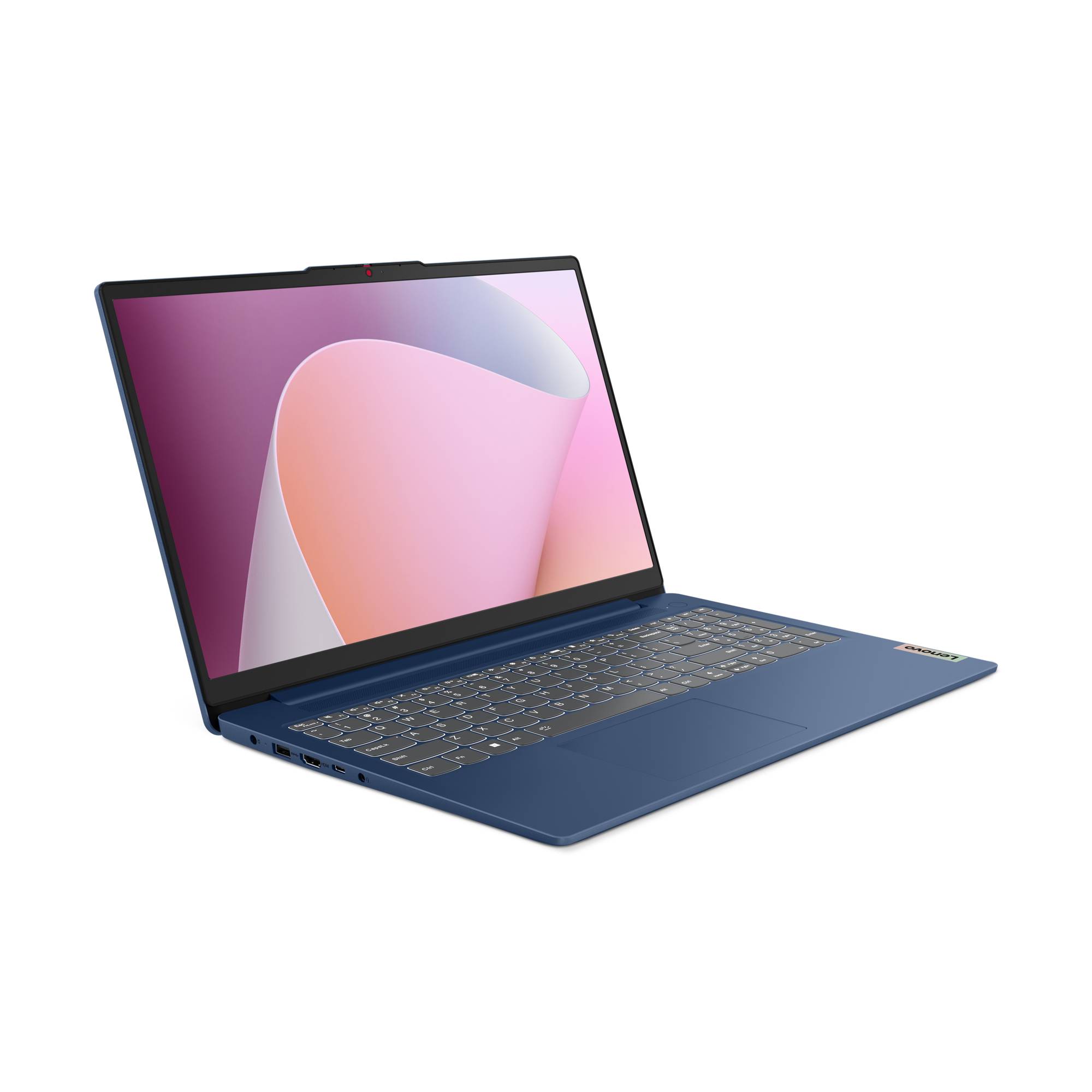 Ein blauer Laptop, der in einem Winkel geöffnet ist und zeigt eine rosa abstrakte Tapete auf dem Bildschirm vor einem weißen Hintergrund.